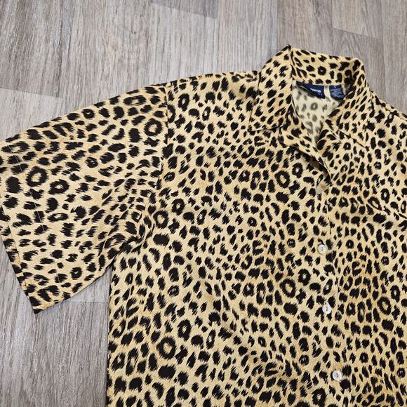 Vtg Liz Claiborne Leopard Cheetah Print Blouse Womens S Oversized Button Up Boho - Picture 2 of 8